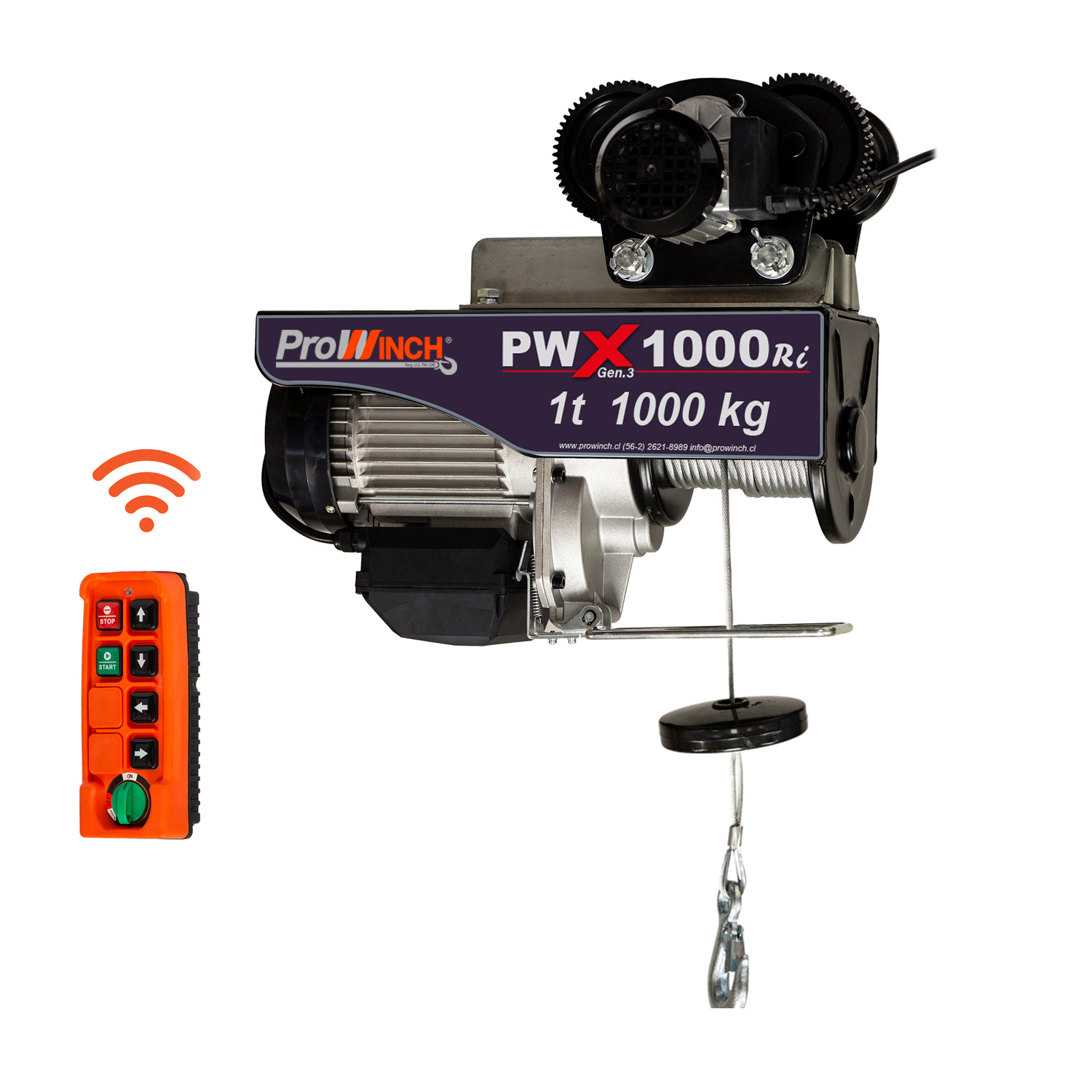 Prowinch 1100 lbs. / 2200 lbs. Electric Rope Hoist w/trolley 220~240V 60HZ w/ Emergency Stop Wireless