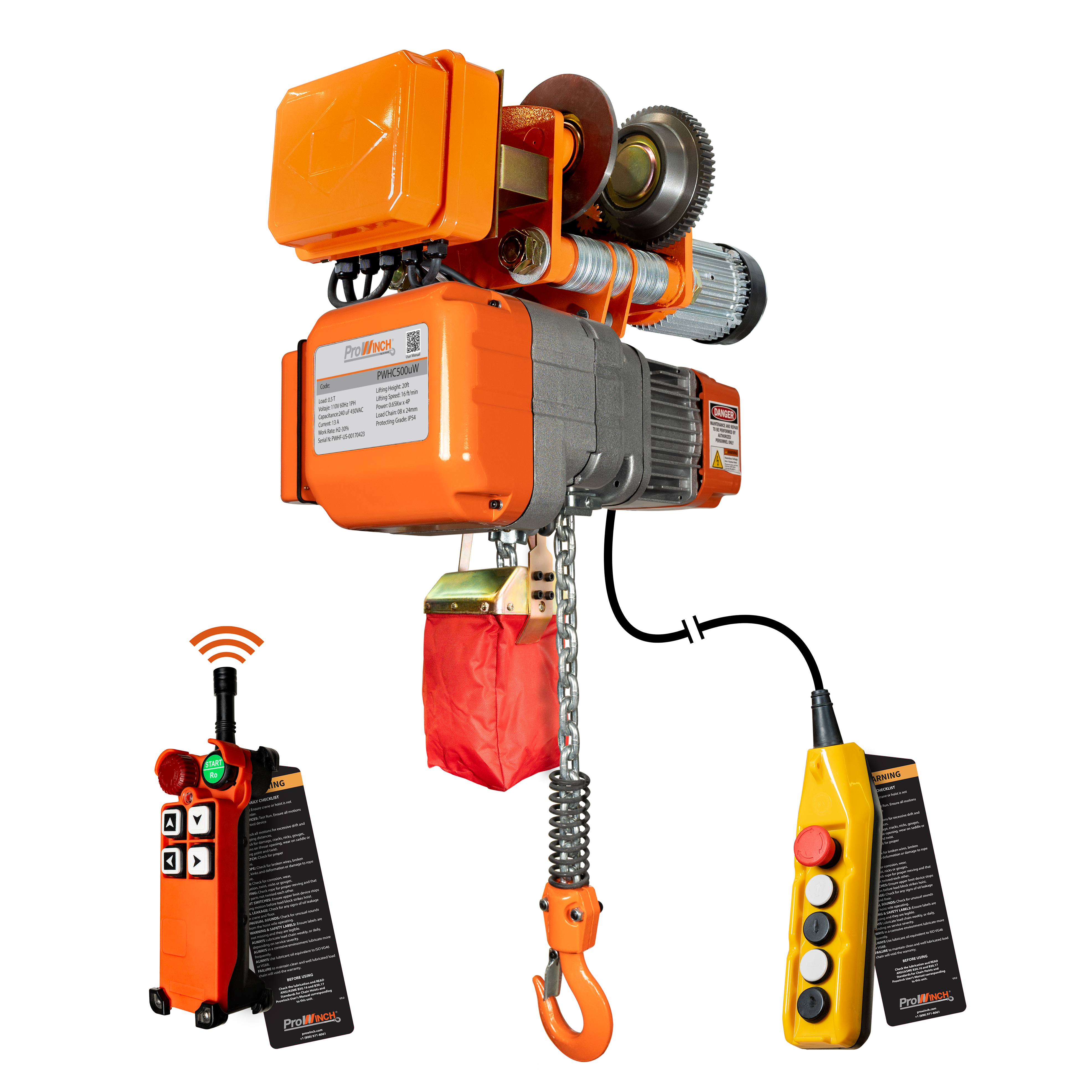 Prowinch 1/2 Ton Electric Chain Hoist Power Trolley 20 ft. G80 Chain M3/H2 110~120V Wireless